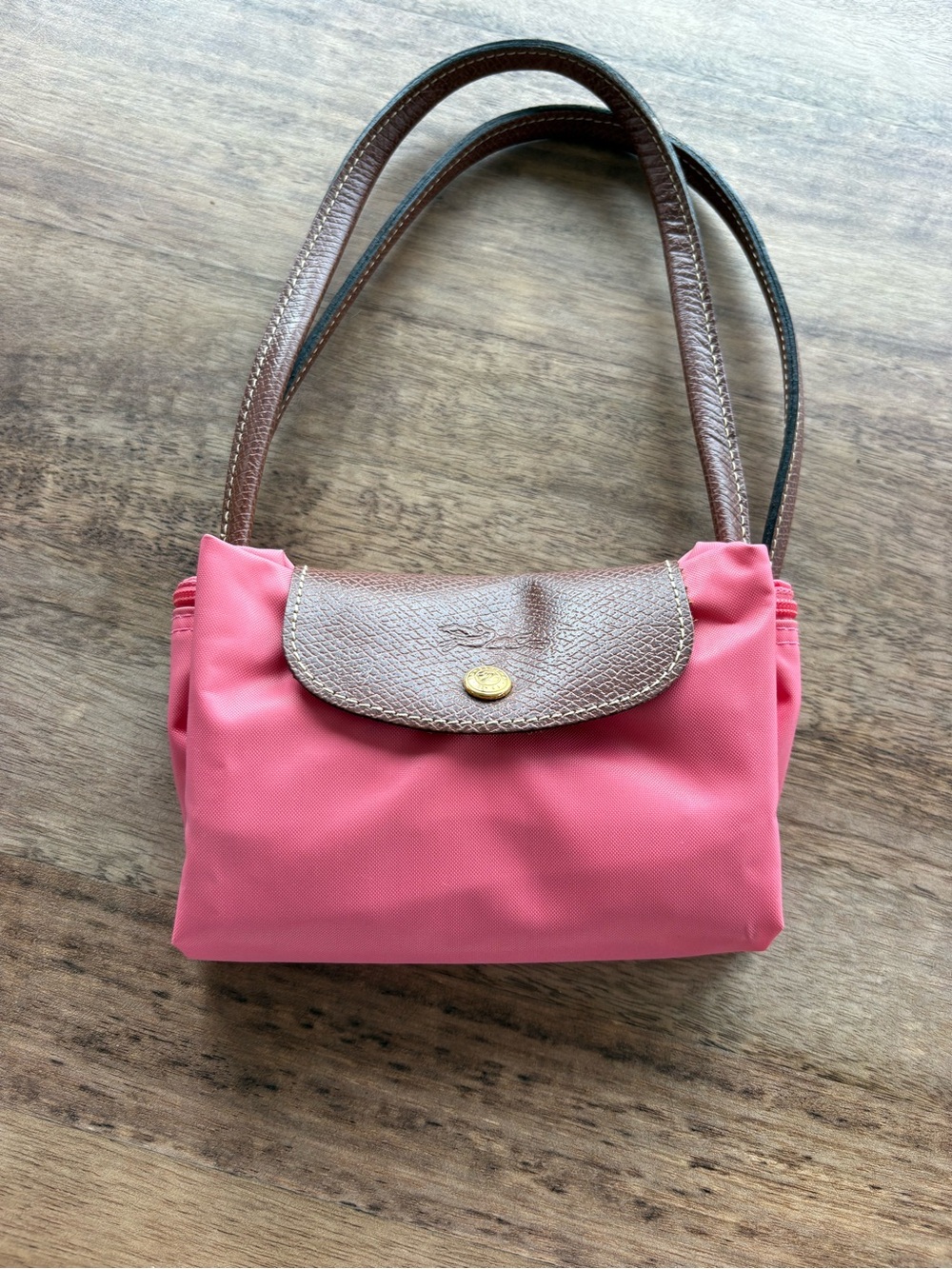Longchamp Le Pliage Pink/Coral Nylon Tote with Brown Leather Trim - Picture 14 of 15